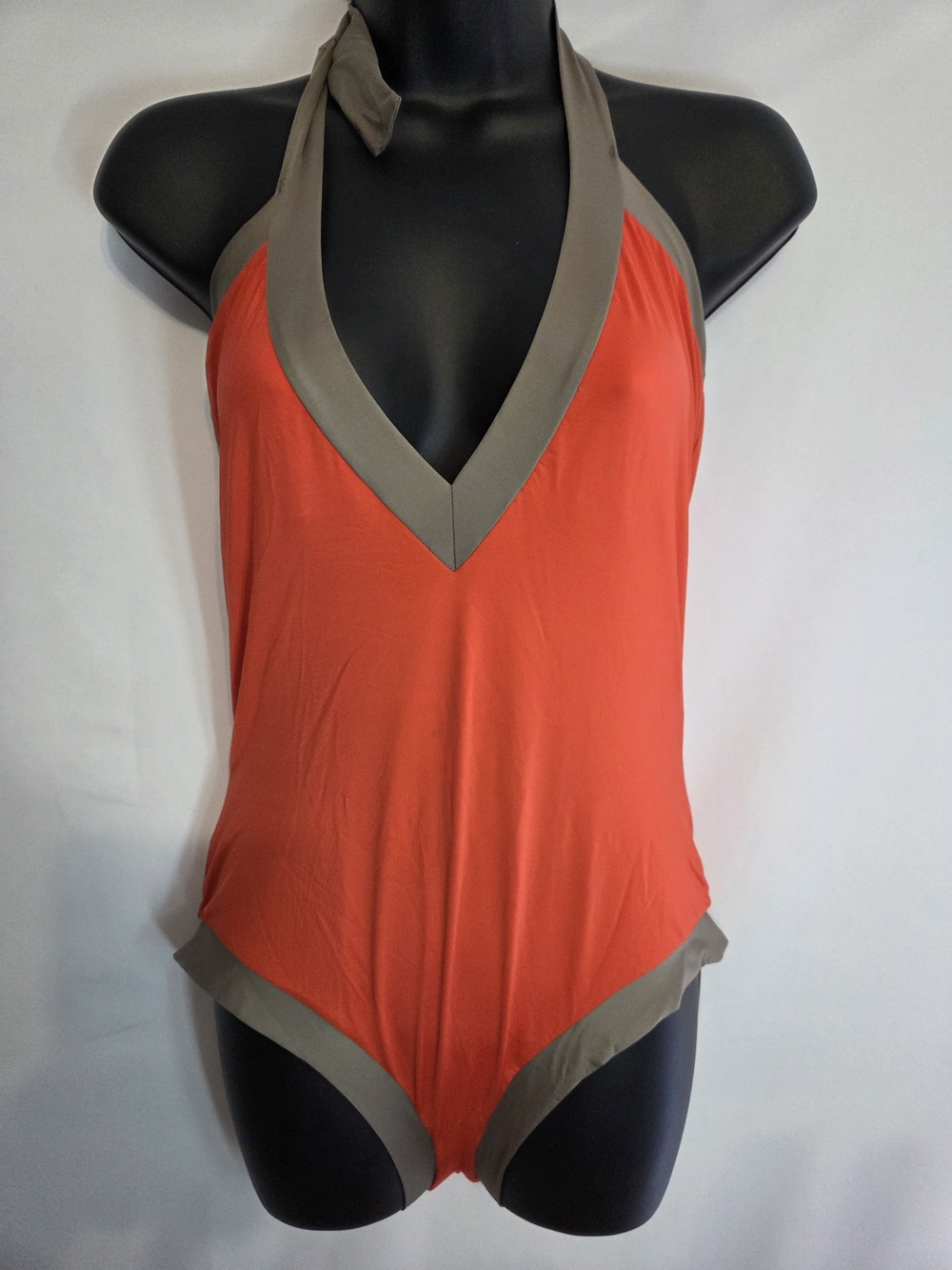 Trina Turk Mayan V Neck Orange Halter Bathing Suit with Taupe Trim
